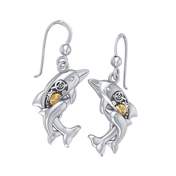 Concerted happiness with the twin dolphins ~ Sterling Silver Steampunk Hook Earrings with 14k Gold accent MER1375 - Jewelry